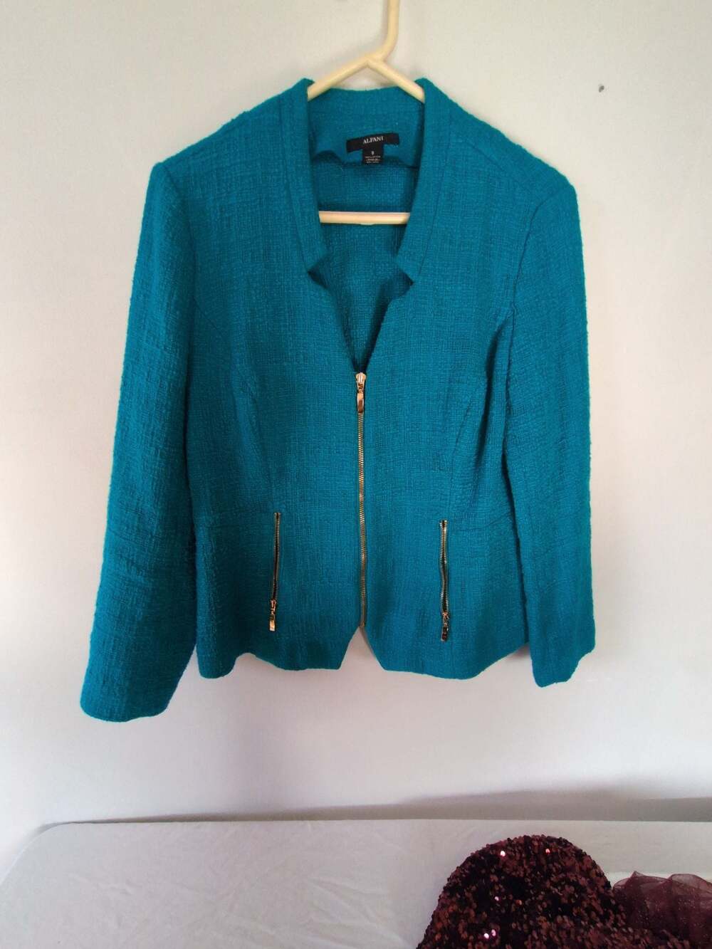Alfani Women's Turquoise Teal 100% Cotton Zip Front Boucle Jacket Blazer Size 8